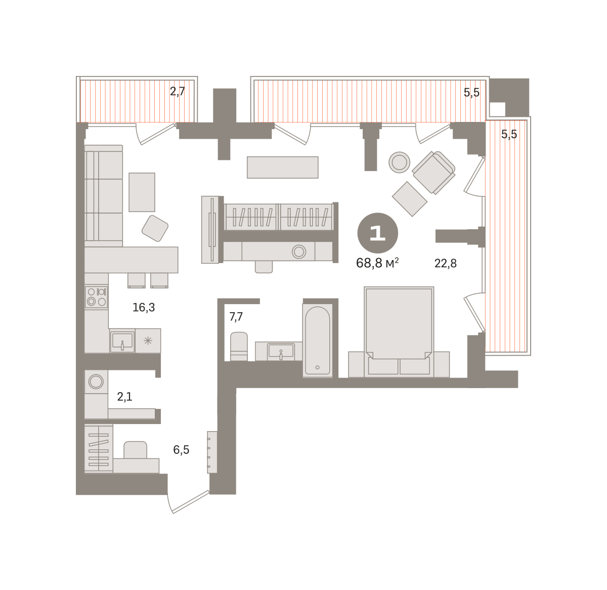 квартира со свободной планировкой, 68.8 м², 11 этаж  (из 29)