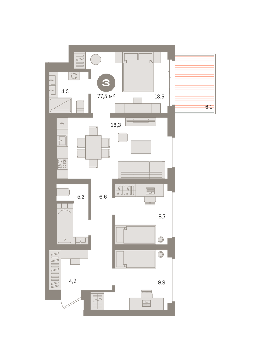 3 комн. квартира, 77.5 м², 3 этаж  (из 29)