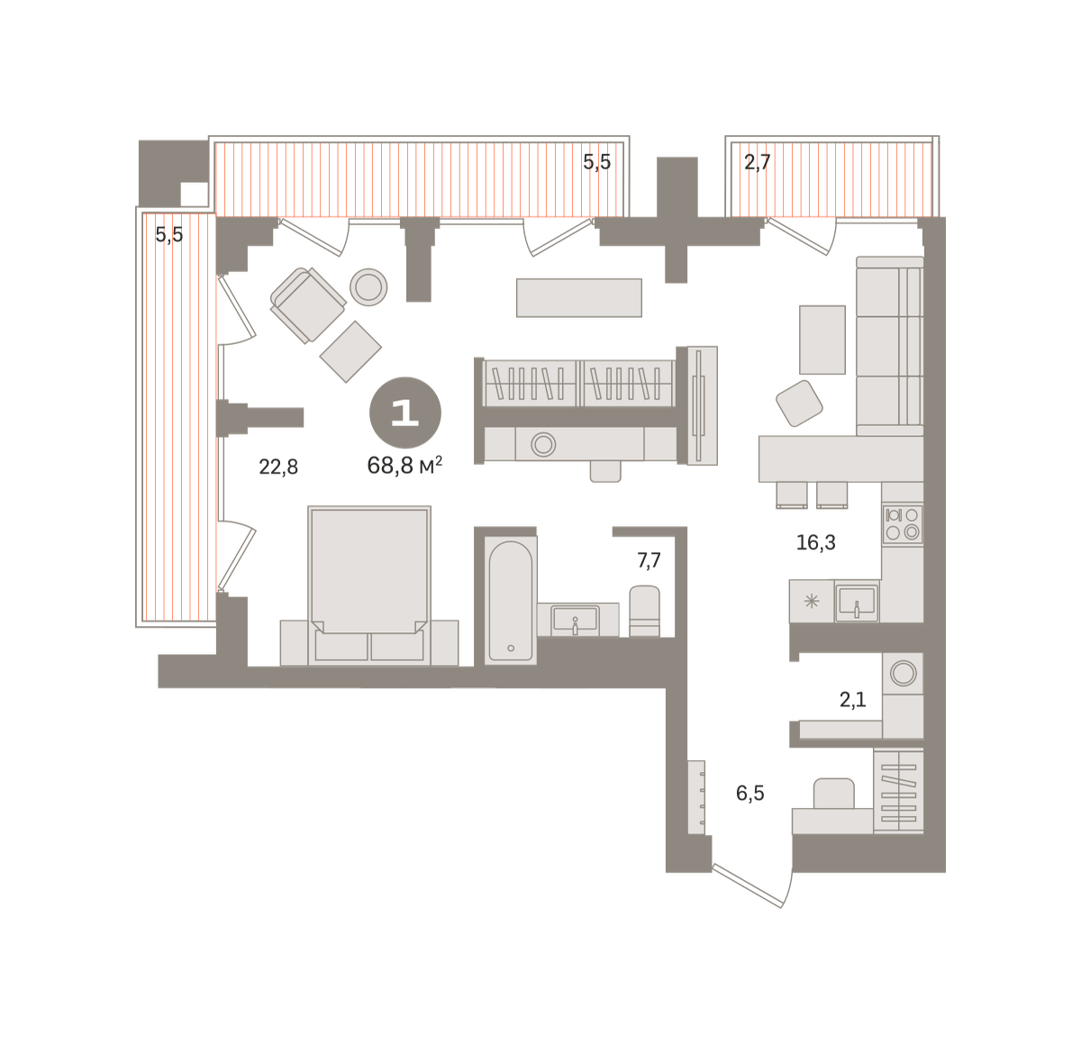 квартира со свободной планировкой, 68.8 м², 11 этаж  (из 29)