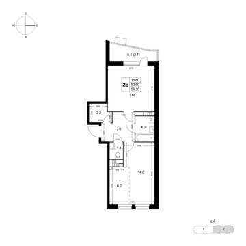2 комн. квартира, 56.3 м², 3 этаж 