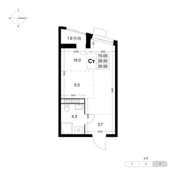 студия, 29.5 м², 4 этаж 