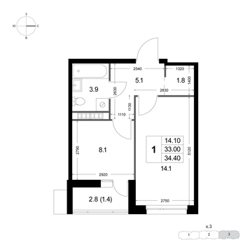 1 комн. квартира, 34.4 м², 6 этаж 