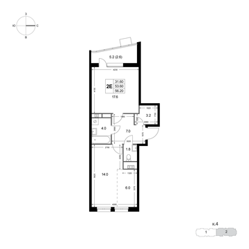2 комн. квартира, 56.2 м², 6 этаж 