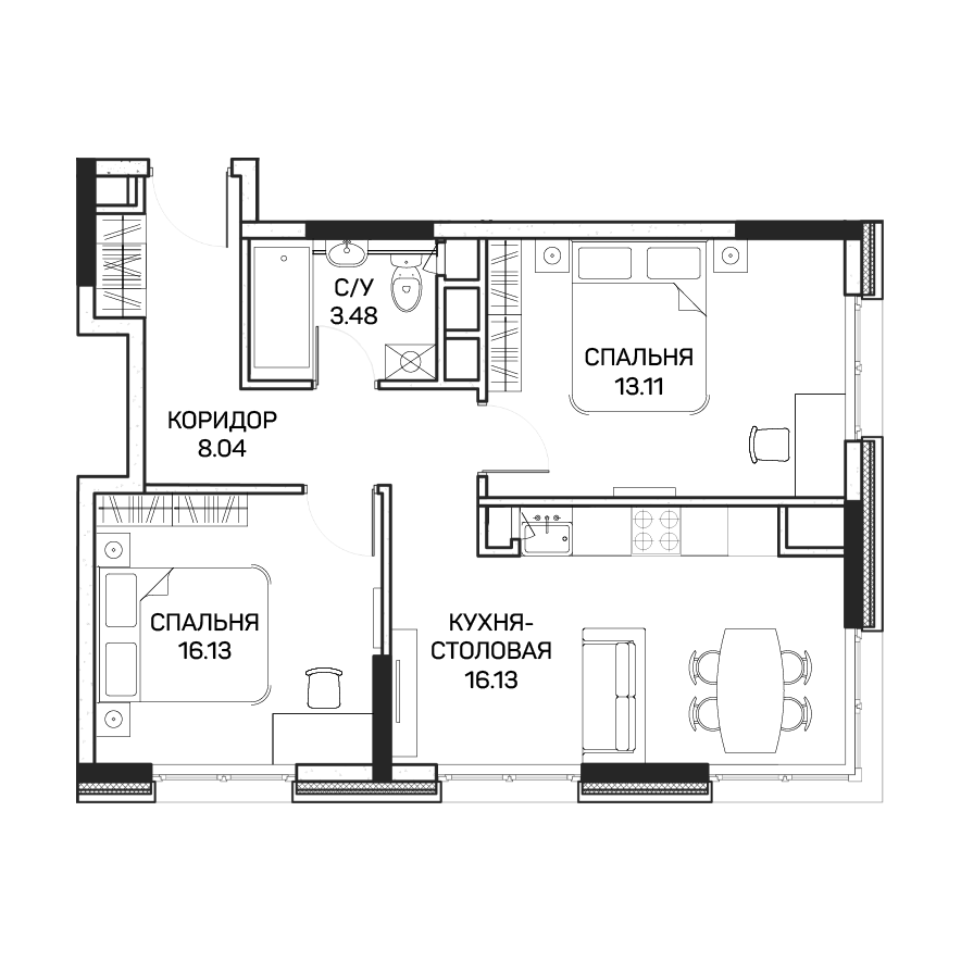 2 комн. квартира, 51.3 м², 2 этаж 