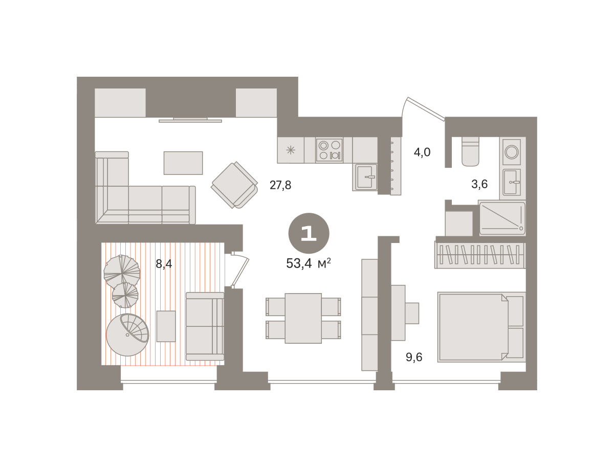 1 комн. квартира, 54.1 м², 29 этаж  (из 29)