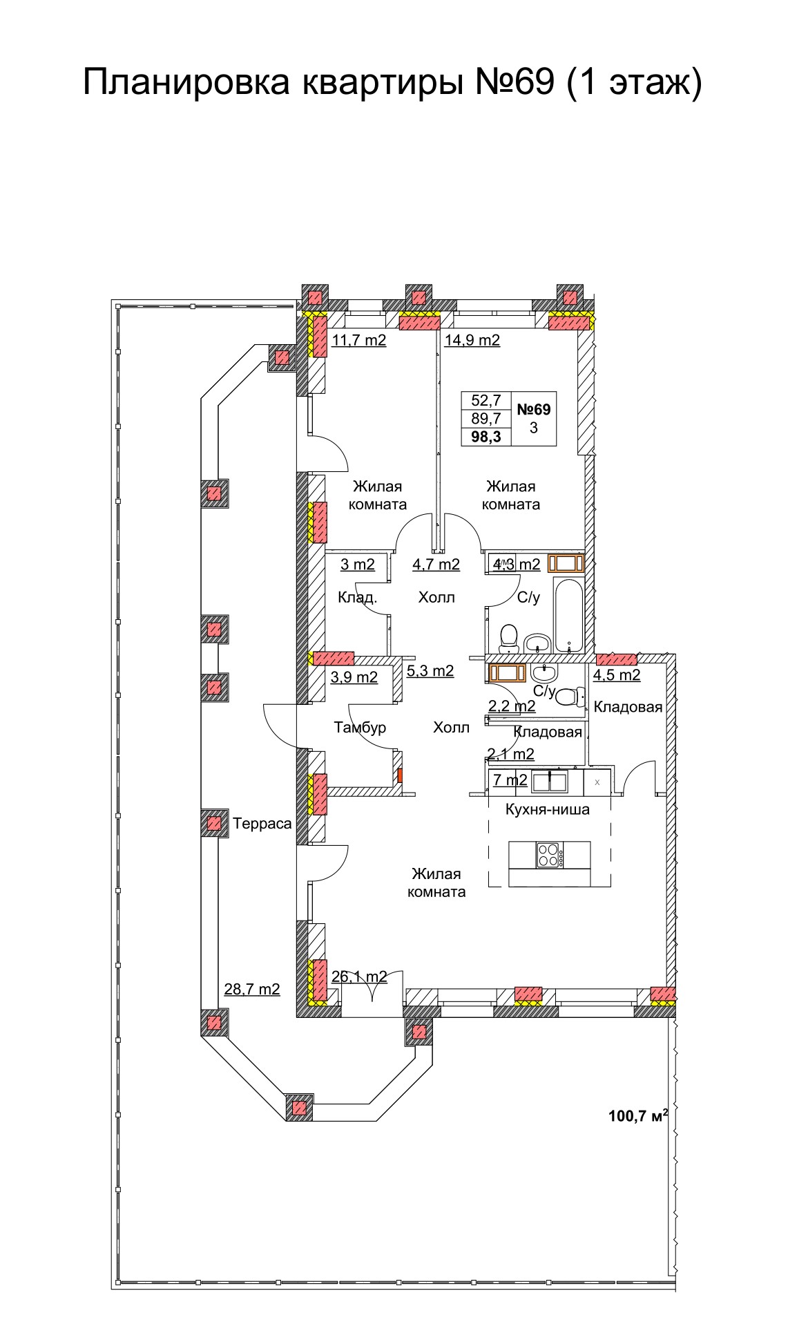 3 комн. квартира, 100.9 м², 1 этаж 