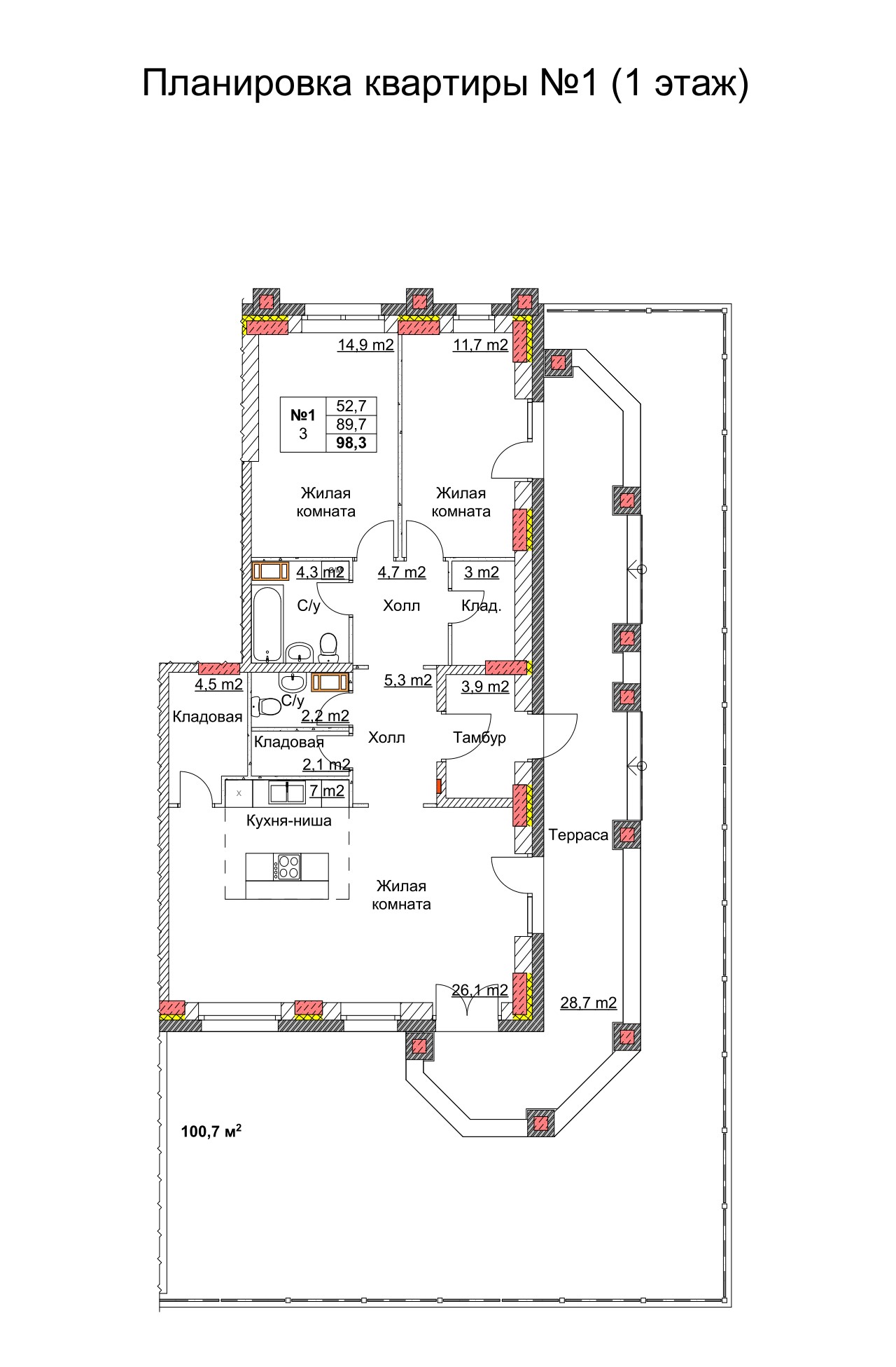 3 комн. квартира, 100.6 м², 1 этаж 