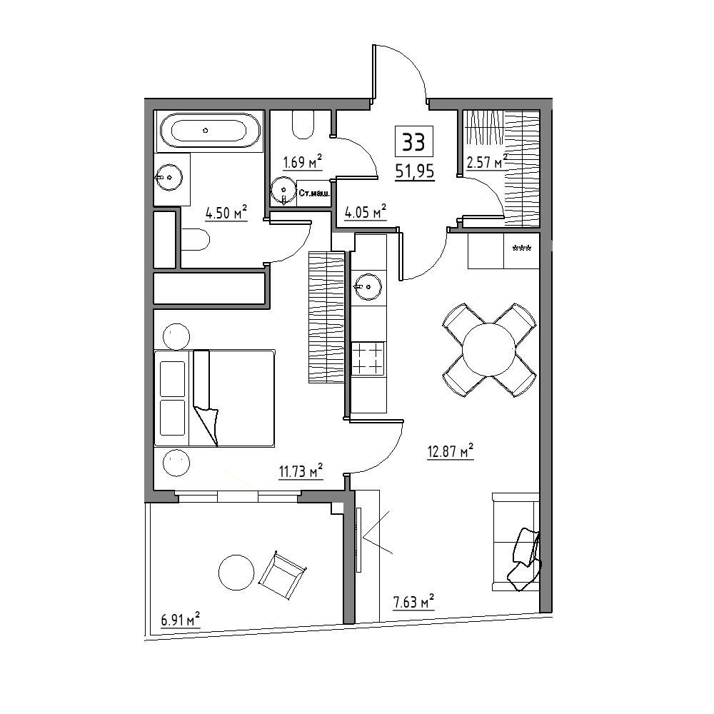 студия, 52 м², 2 этаж 