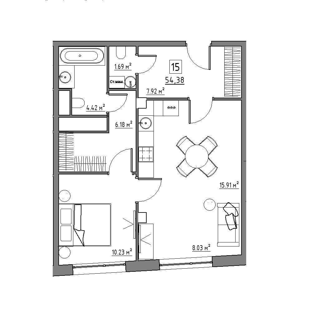 студия, 54.4 м², 1 этаж 