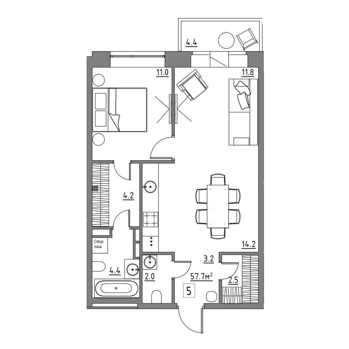 студия, 57.7 м², 2 этаж 