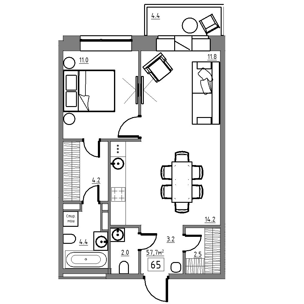 студия, 57.7 м², 5 этаж 