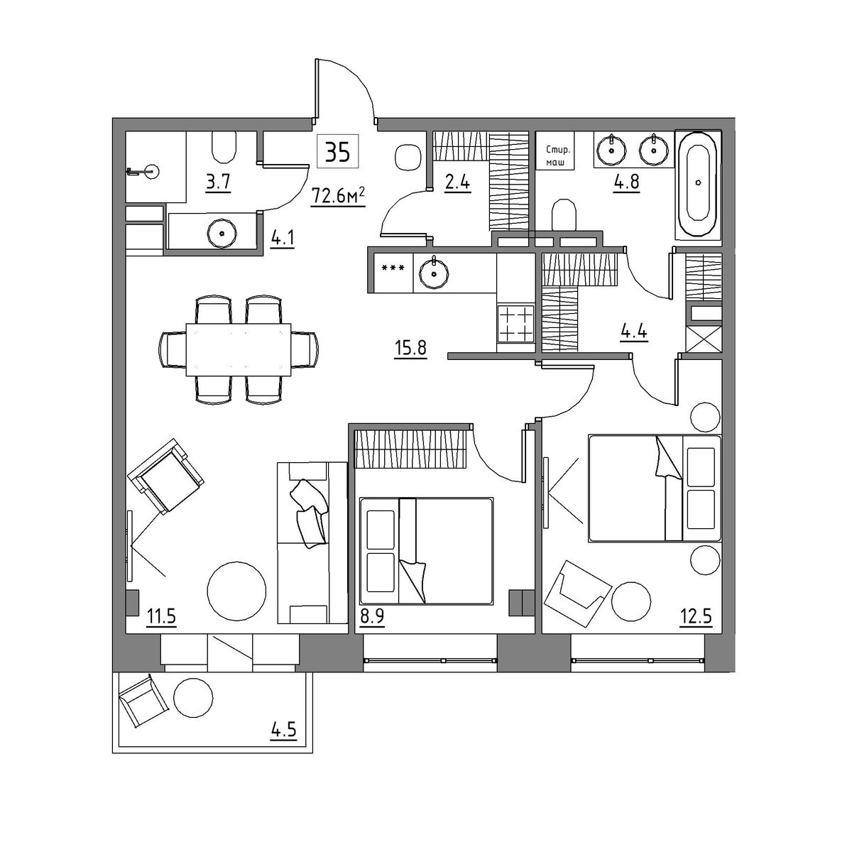 квартира со свободной планировкой, 72.6 м², 3 этаж 