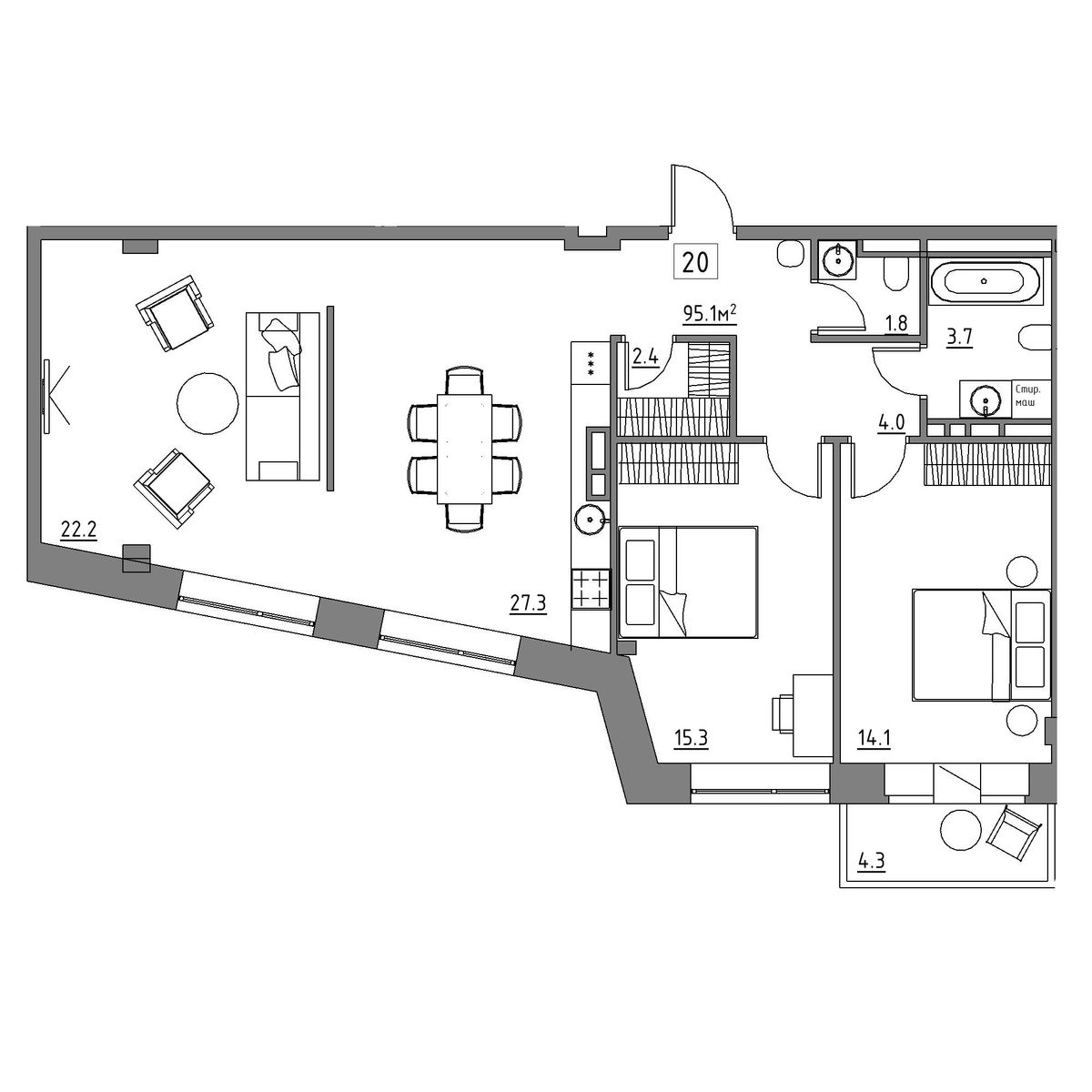 3 комн. квартира, 95.1 м², 2 этаж 