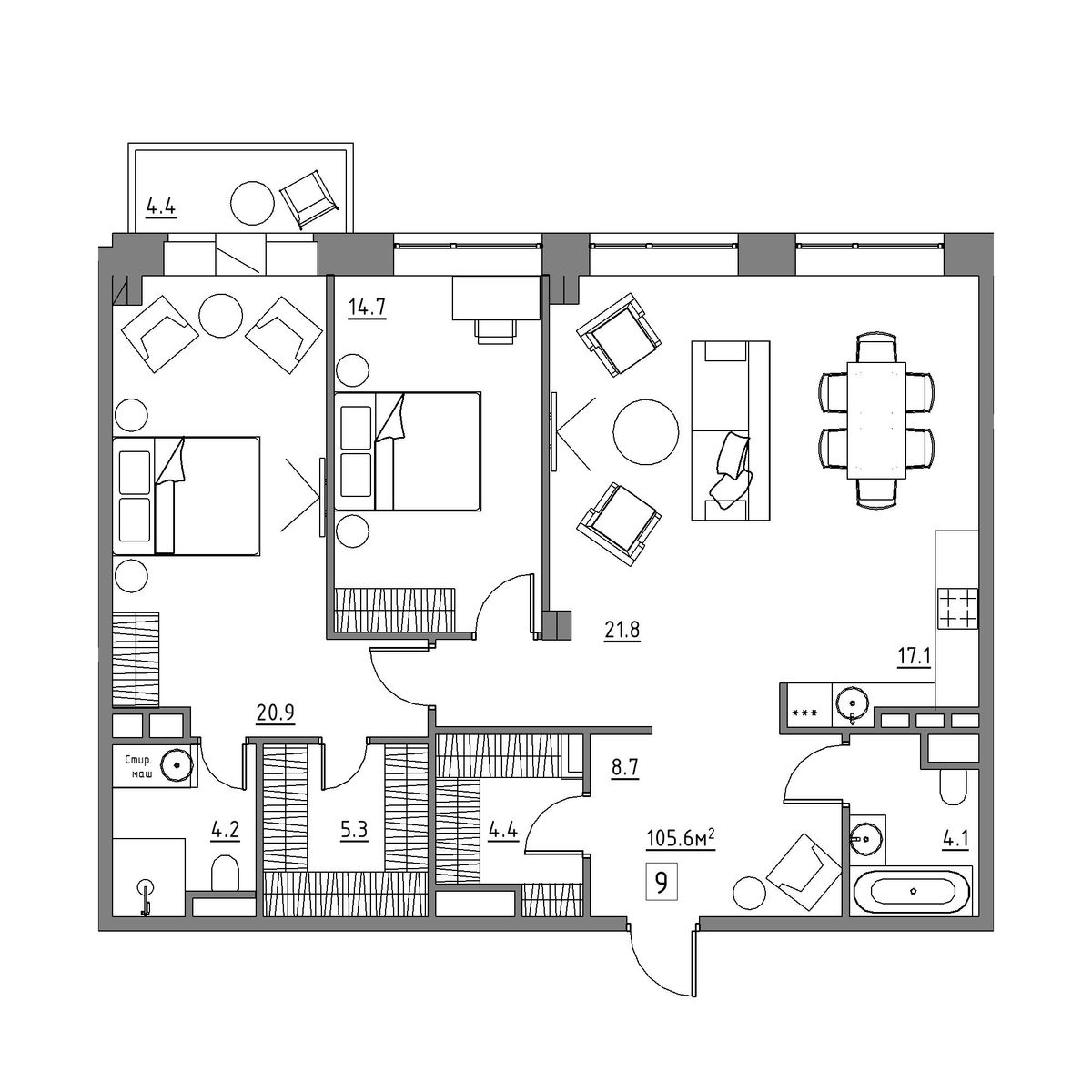 3 комн. квартира, 105.6 м², 2 этаж 