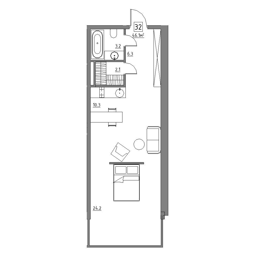 студия, 46.1 м², 2 этаж 