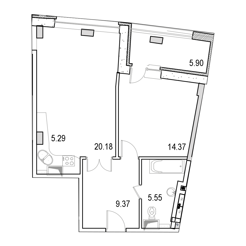 2 комн. квартира, 60.8 м², 9 этаж 