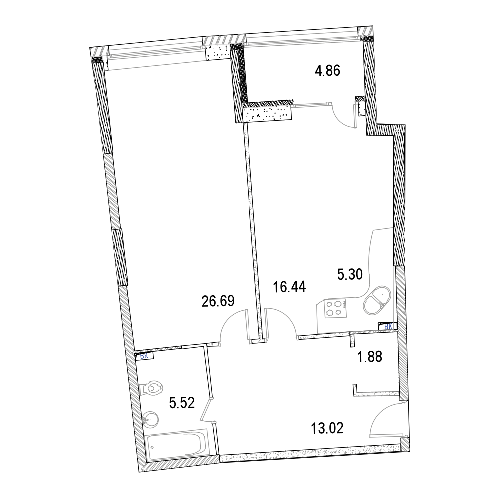 2 комн. квартира, 74.8 м², 3 этаж 