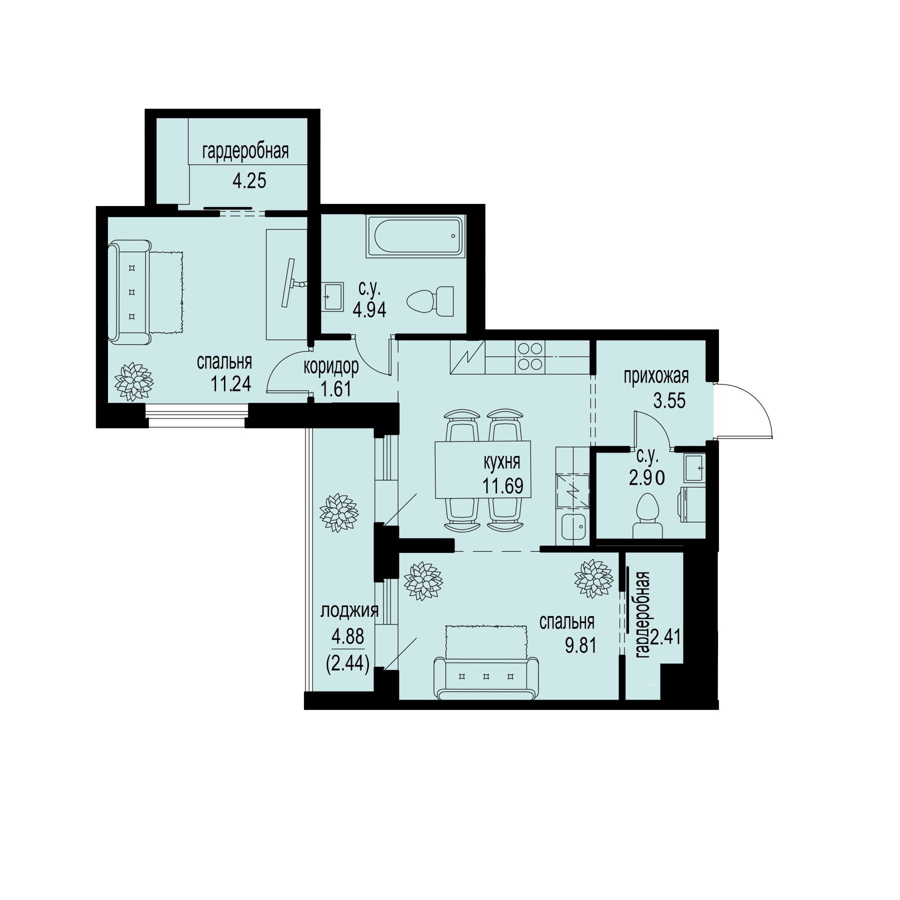 2 комн. квартира, 54.8 м², 2 этаж 