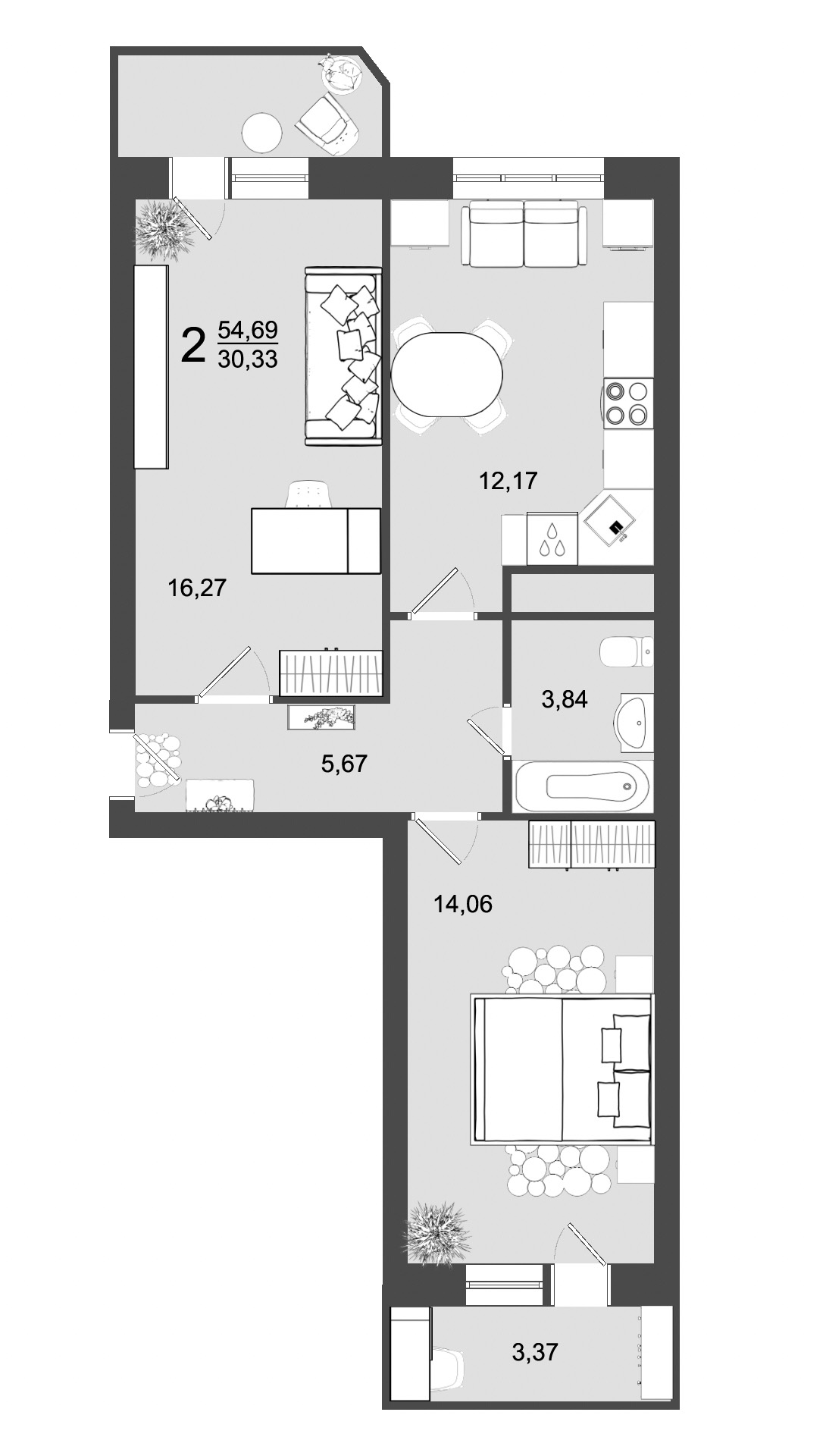 2 комн. квартира, 54.7 м², 9 этаж 