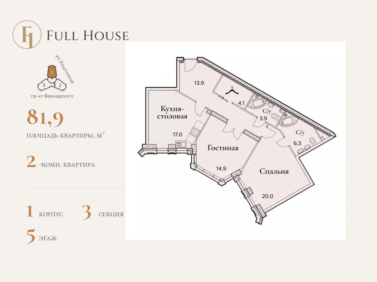 2 комн. квартира, 81.9 м², 5 этаж  (из 25)