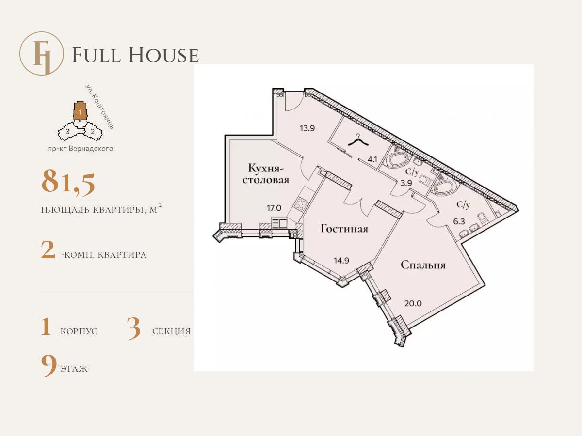 2 комн. квартира, 81.5 м², 9 этаж  (из 25)