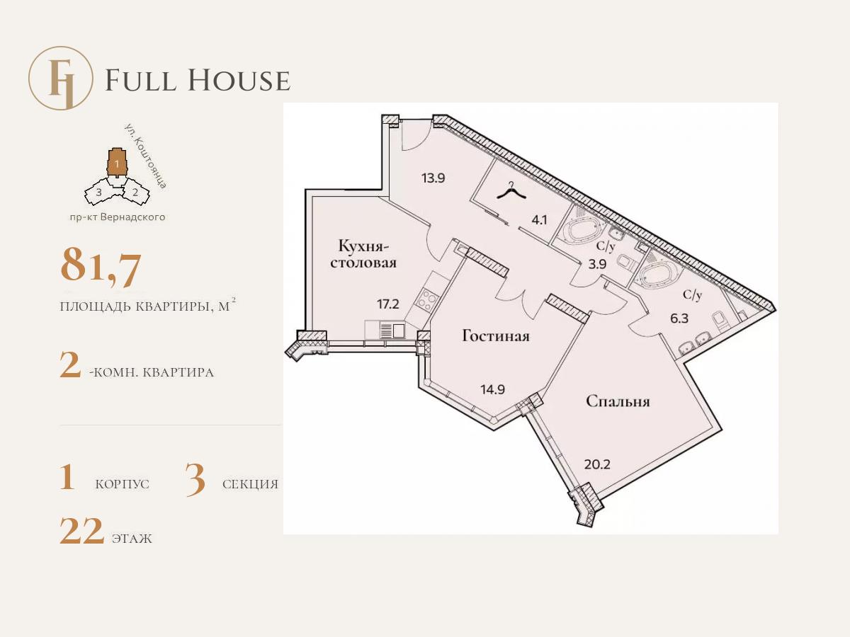 2 комн. квартира, 81.7 м², 22 этаж  (из 25)