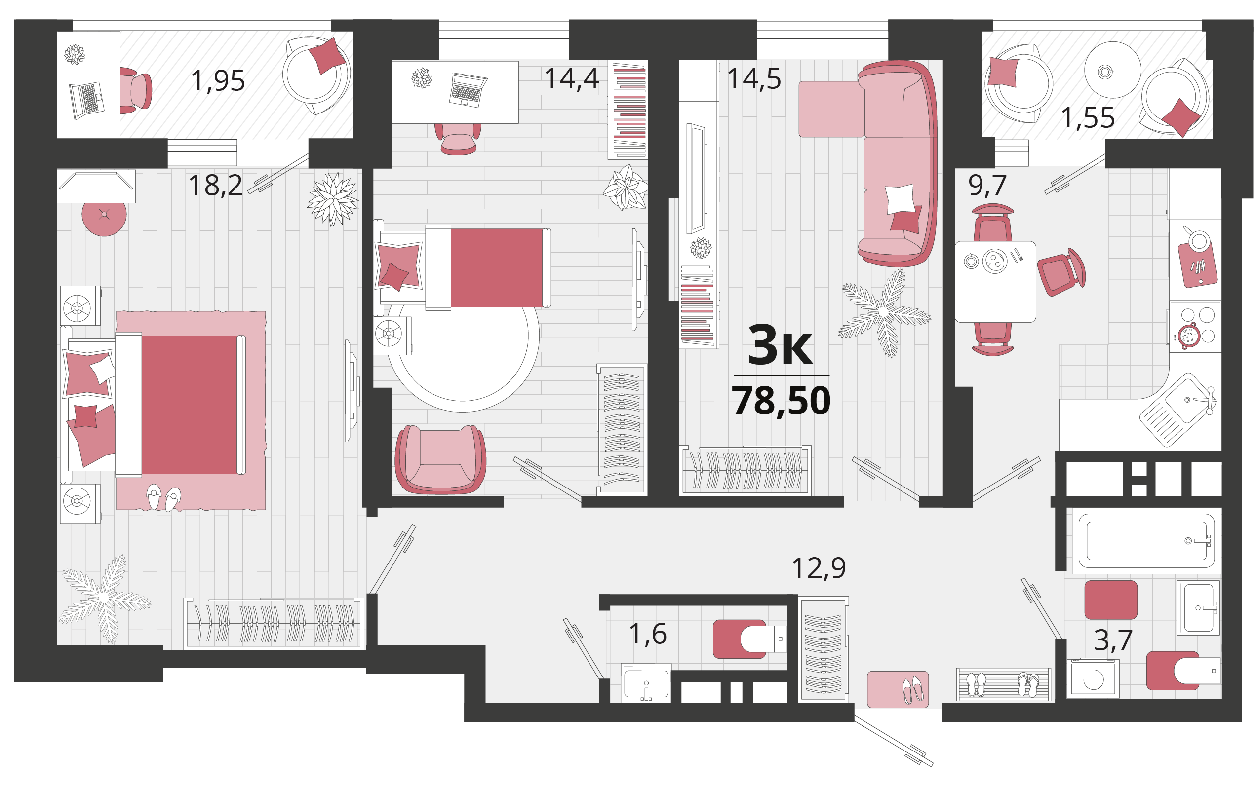 3 комн. квартира, 78.5 м², 2 этаж 