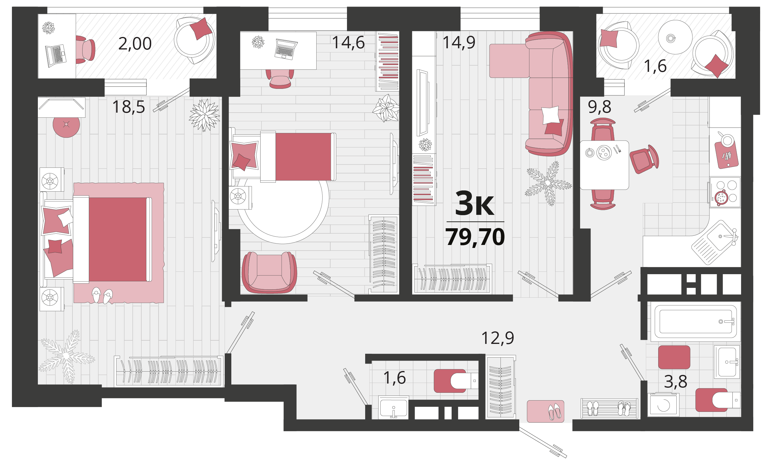 3 комн. квартира, 79.7 м², 4 этаж 