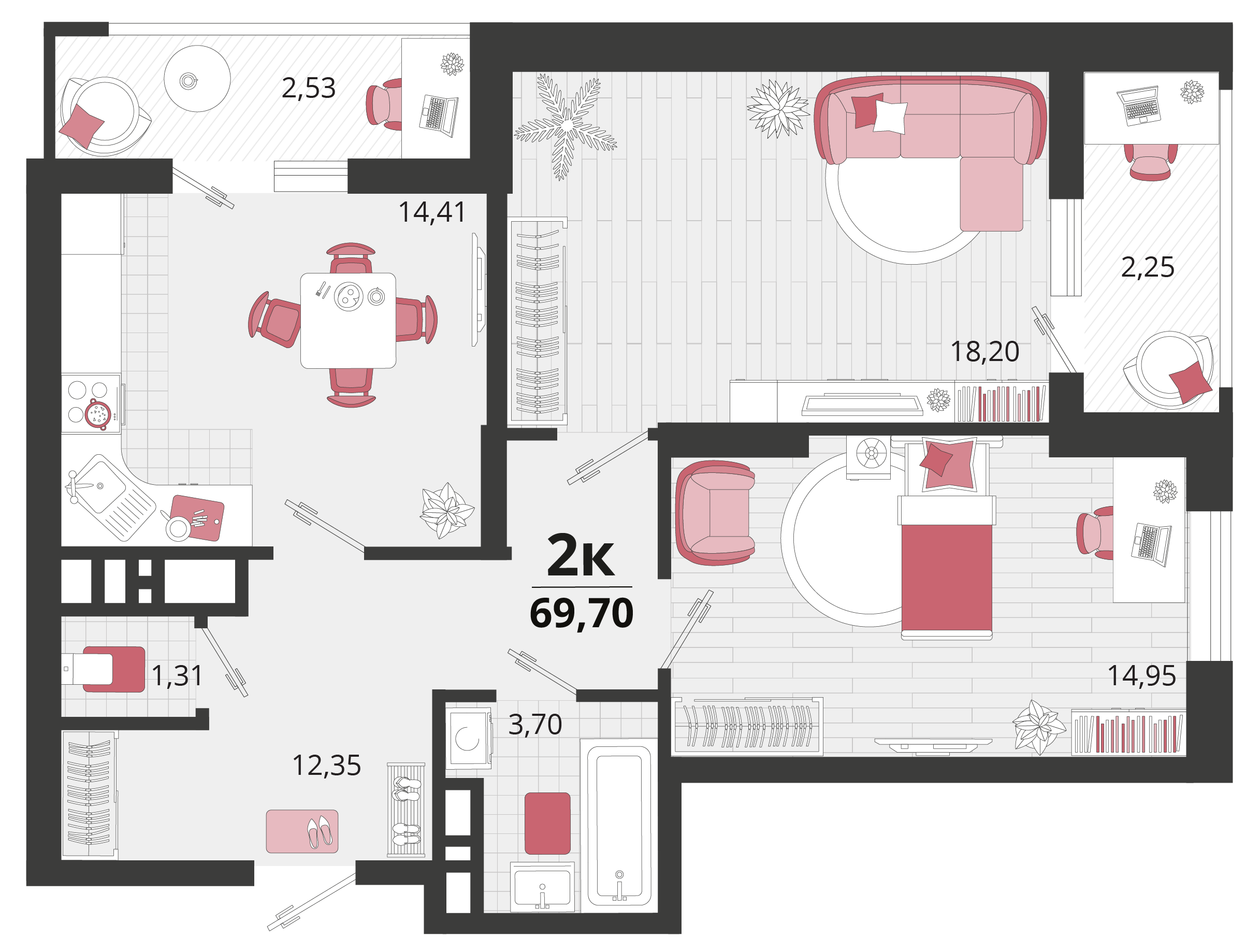 2 комн. квартира, 69.7 м², 16 этаж 
