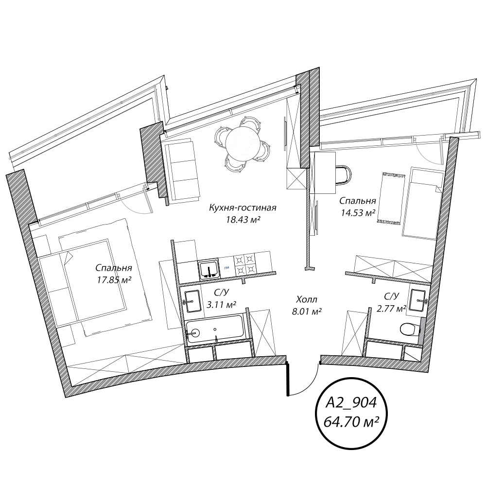 3 комн. квартира, 64.7 м², 9 этаж 