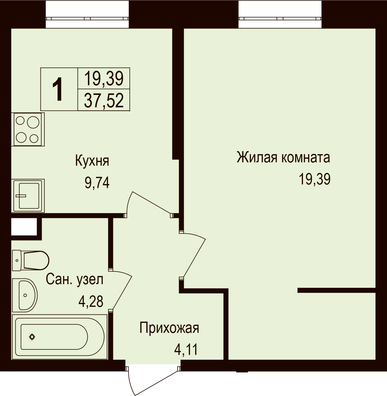 1 комн. квартира, 37.4 м², 1 этаж 