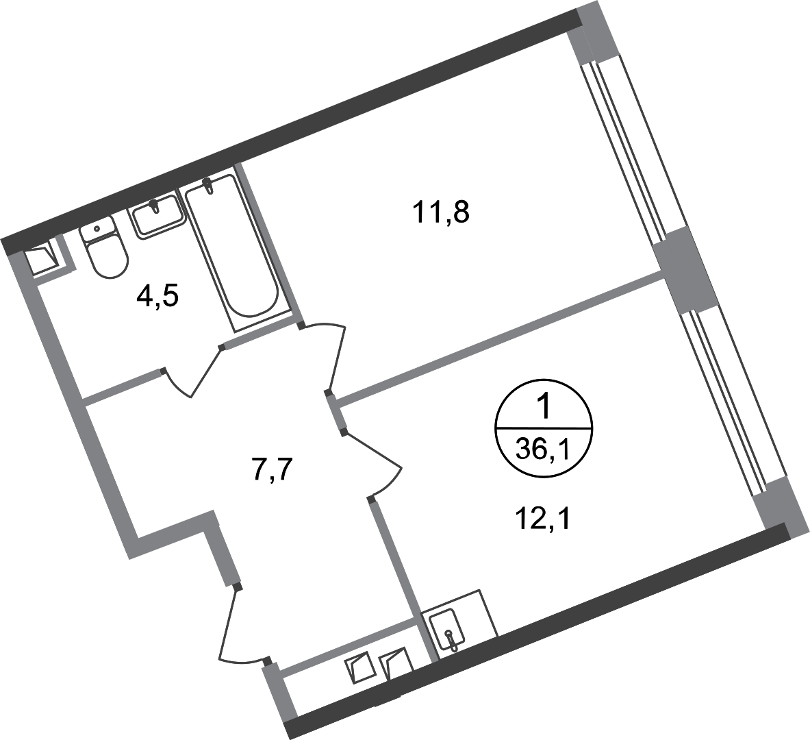 1 комн. квартира, 36.1 м², 4 этаж  (из 17)