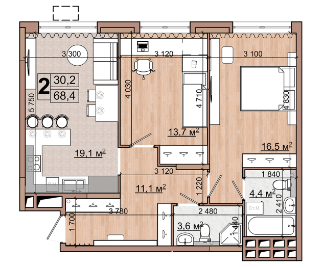 2 комн. квартира, 68.4 м², 5 этаж 