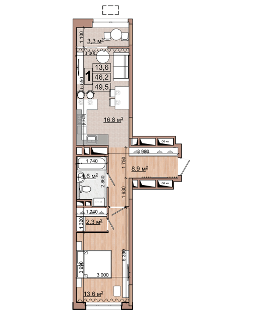 1 комн. квартира, 49.5 м², 15 этаж 