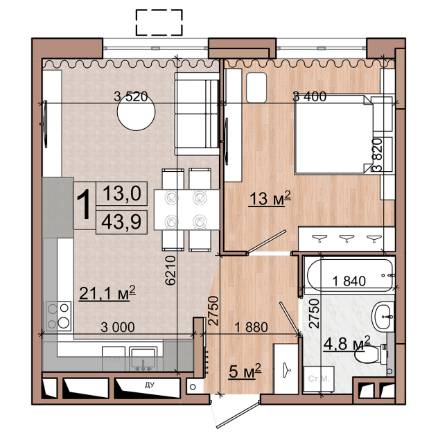 1 комн. квартира, 43.9 м², 3 этаж 