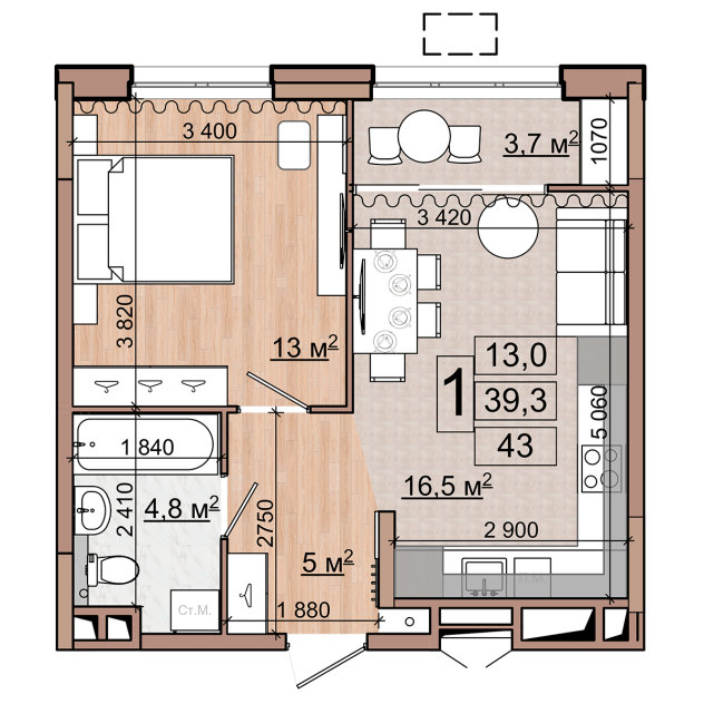 1 комн. квартира, 43 м², 17 этаж 