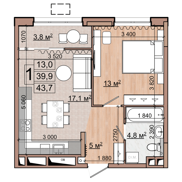 1 комн. квартира, 43.7 м², 17 этаж 