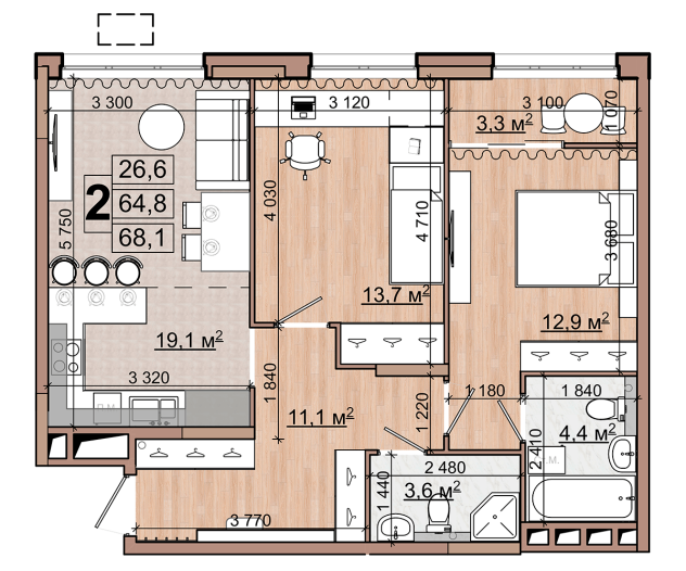 2 комн. квартира, 68.1 м², 15 этаж 
