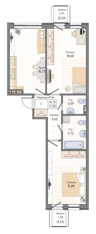 2 комн. квартира, 68.4 м², 5 этаж 