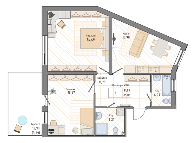 2 комн. квартира, 86.3 м², 2 этаж 