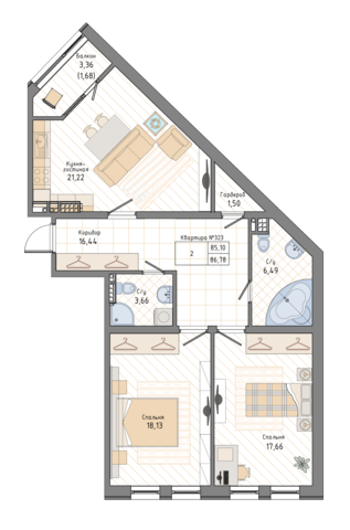 2 комн. квартира, 87.2 м², 6 этаж 