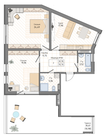 2 комн. квартира, 92.6 м², 6 этаж 