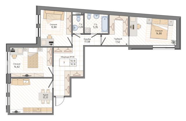 3 комн. квартира, 92.7 м², 4 этаж 