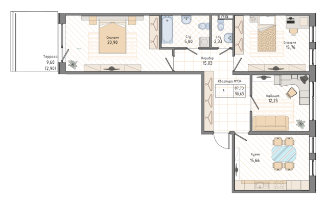 3 комн. квартира, 93.3 м², 2 этаж 
