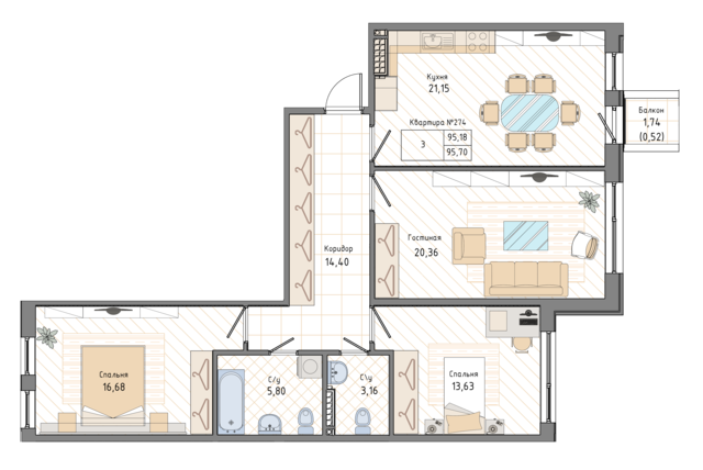 3 комн. квартира, 96.4 м², 7 этаж 
