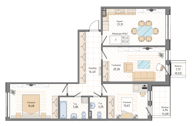 3 комн. квартира, 97.7 м², 4 этаж 