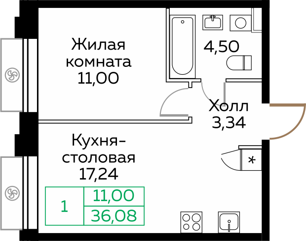 1 комн. квартира, 36.1 м², 15 этаж 