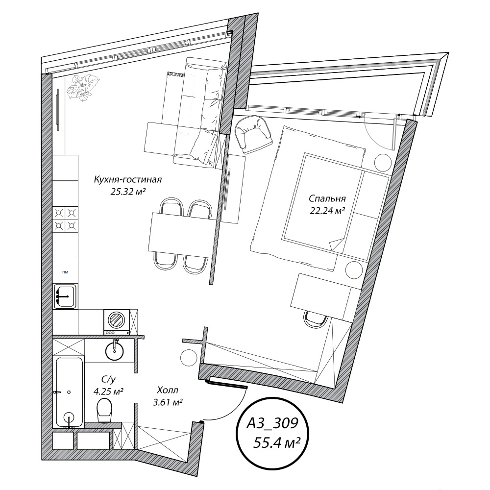 2 комн. квартира, 55.4 м², 3 этаж 