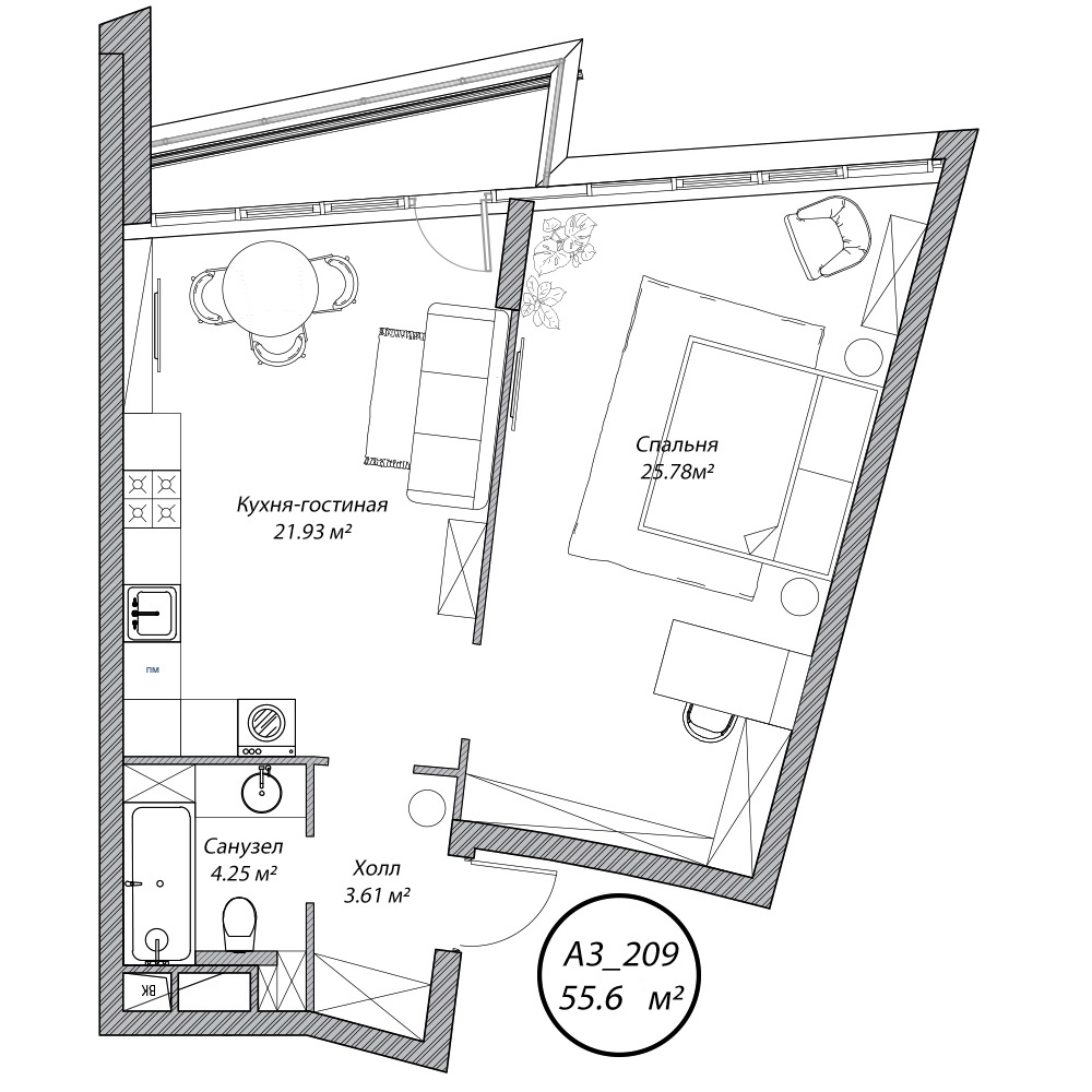 2 комн. квартира, 55.6 м², 2 этаж 