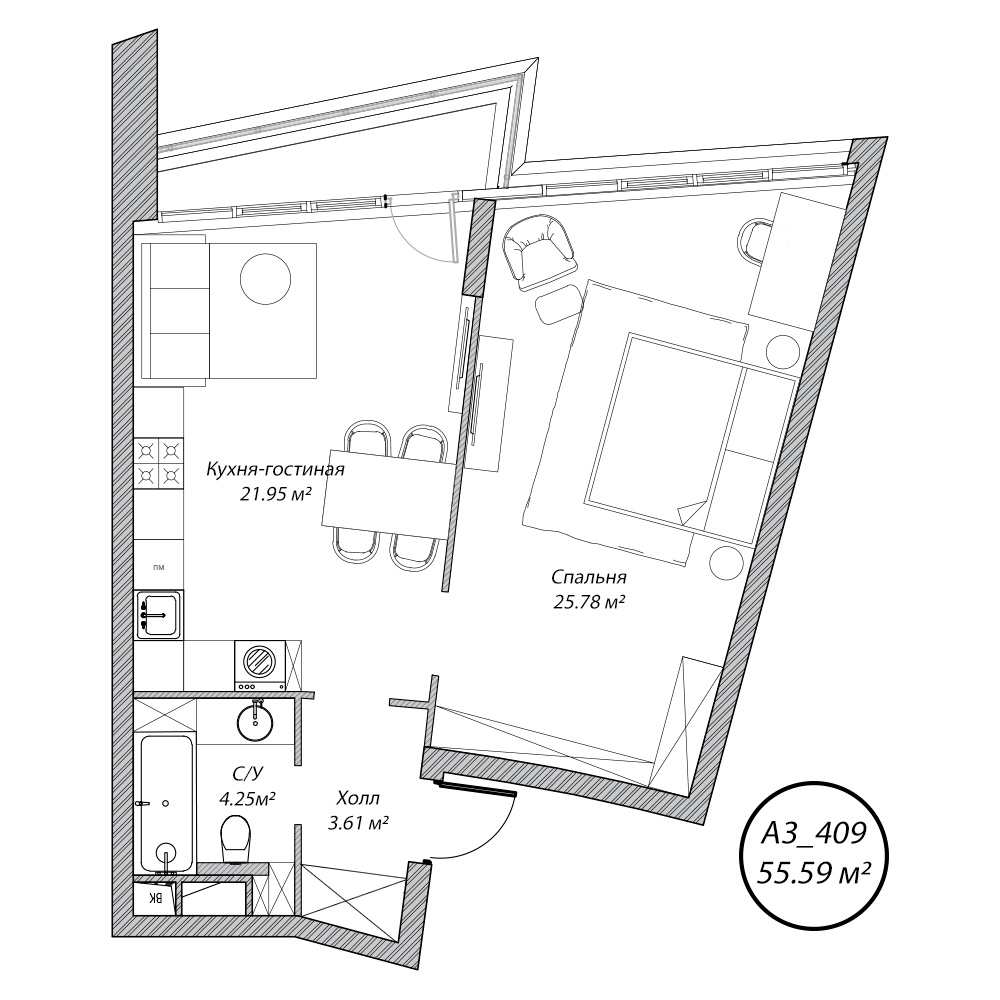 2 комн. квартира, 55.6 м², 4 этаж 